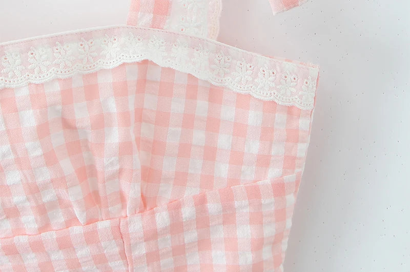 Women New Fashion Sweet Plaid Chic Lace Patchwork French Square Collar Backless Top