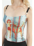 Flirty Vintage Graphic Spaghetti Strap Cami Top With Off Shoulder Flair