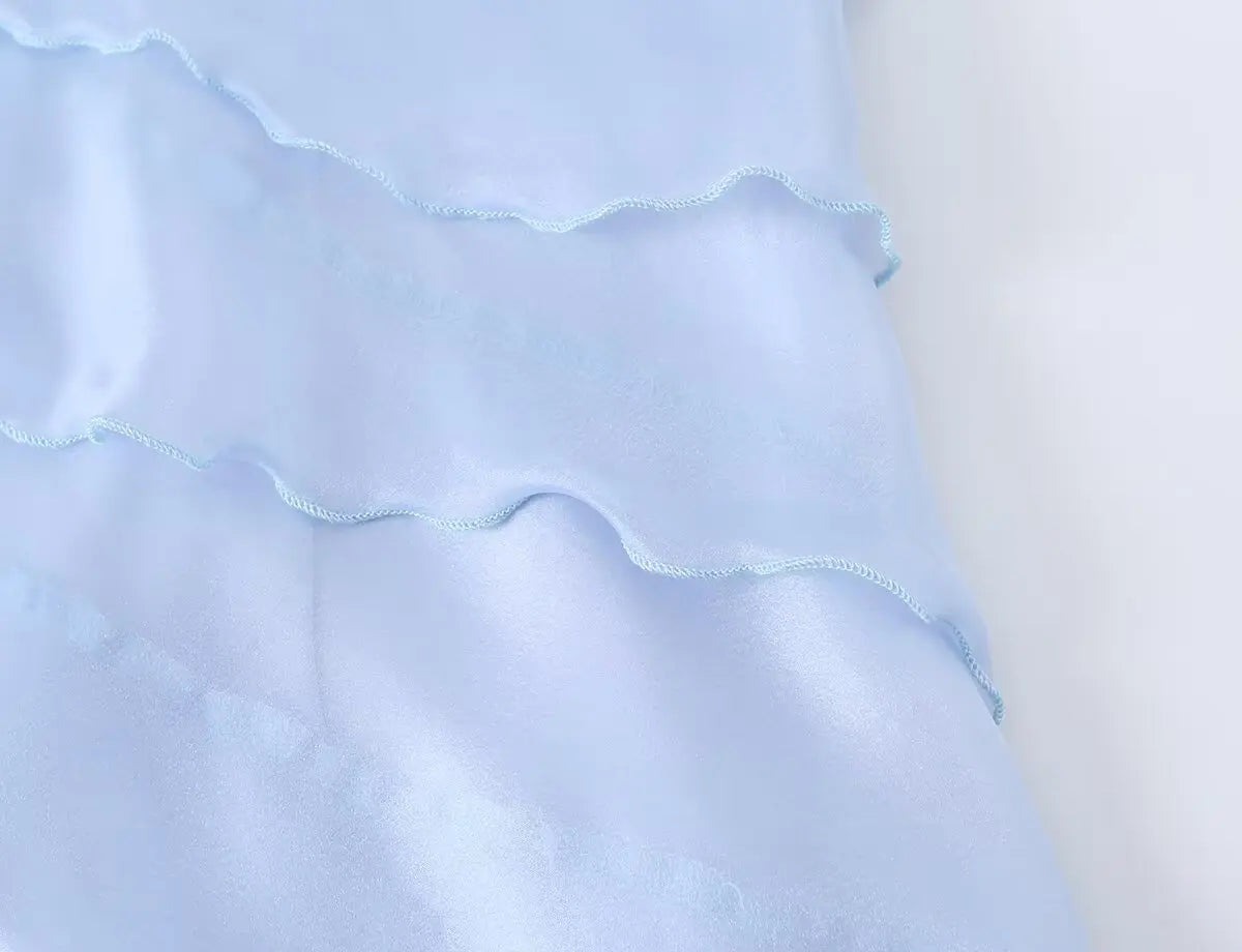 Dreamy Light Blue Halter Backless Mini Dress With Tiered Ruffle Accents