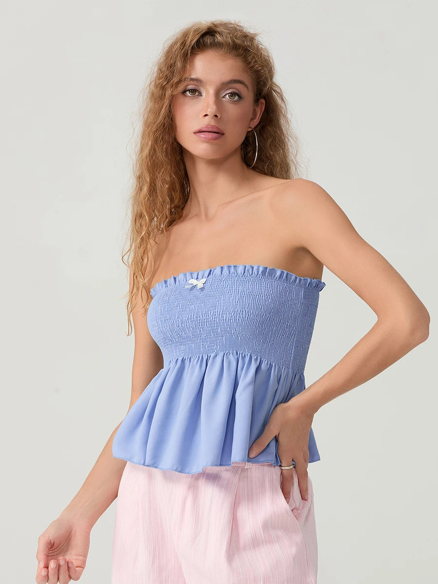 Women Floral Bow Crop Top With Ruffles And Backless Strapless Tank