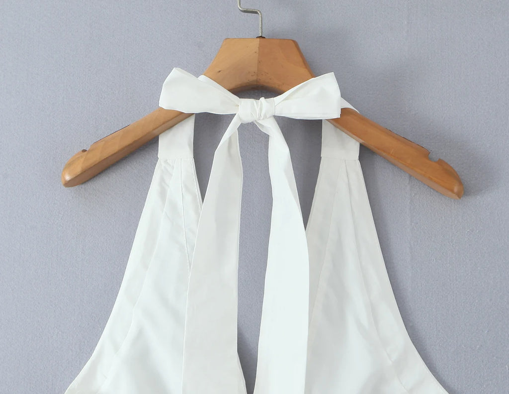 Sexy White Bow Halter V neck Open Buttons Slim Tank Top Women Spliced Ruffles Lace Hem Sleeveless Backless
