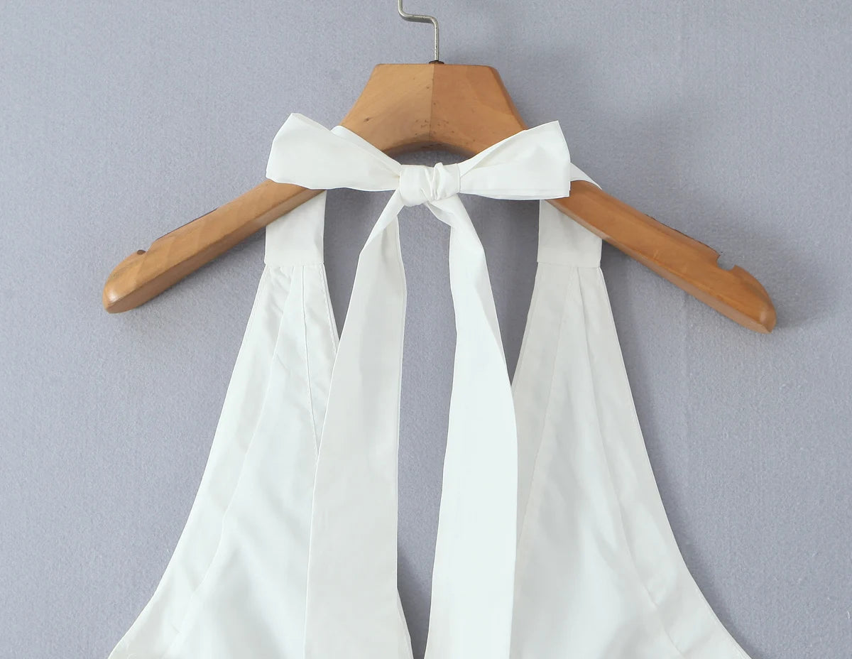 Sexy White Bow Halter V neck Open Buttons Slim Tank Top Women Spliced Ruffles Lace Hem Sleeveless Backless