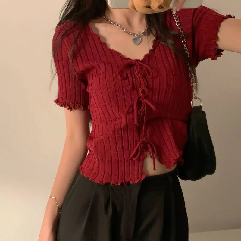 Soft Knit V Neck Cropped Ribbed Short Sleeve Tee