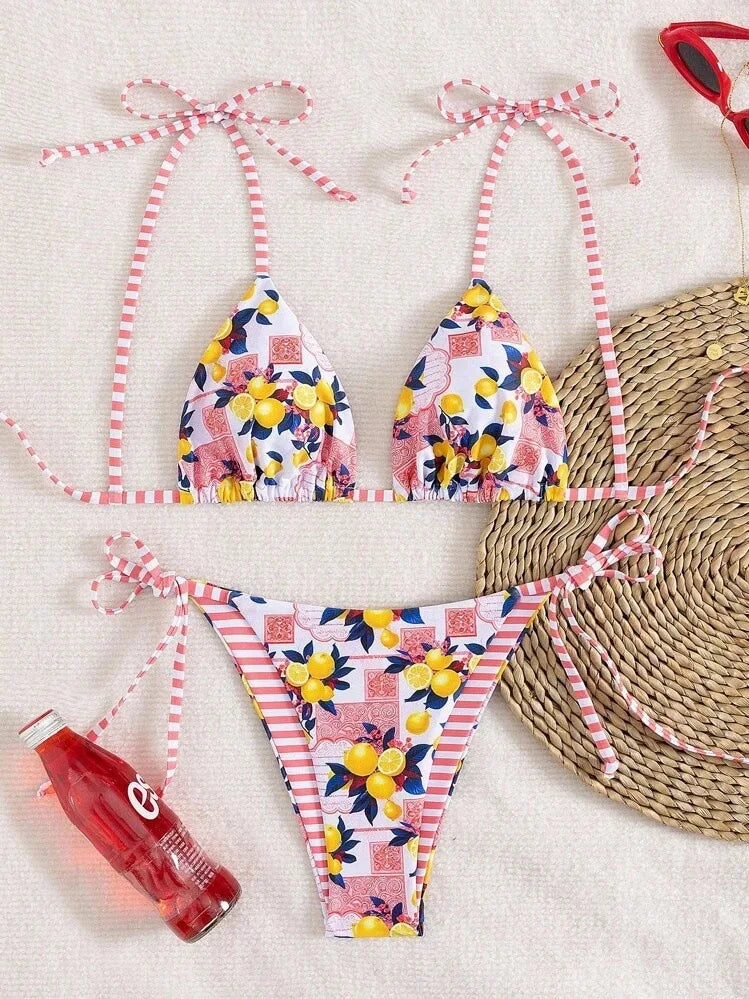 Sexy Fruits Pprint Striped Bikinis Set Two-pieces Back Tie Thong