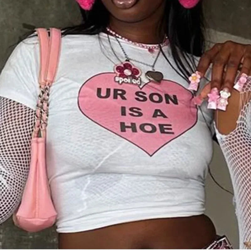 Y2K Heart Print Crop Top ONeck Gothic Grunge Hip Hop Style With Short Sleeves For Women