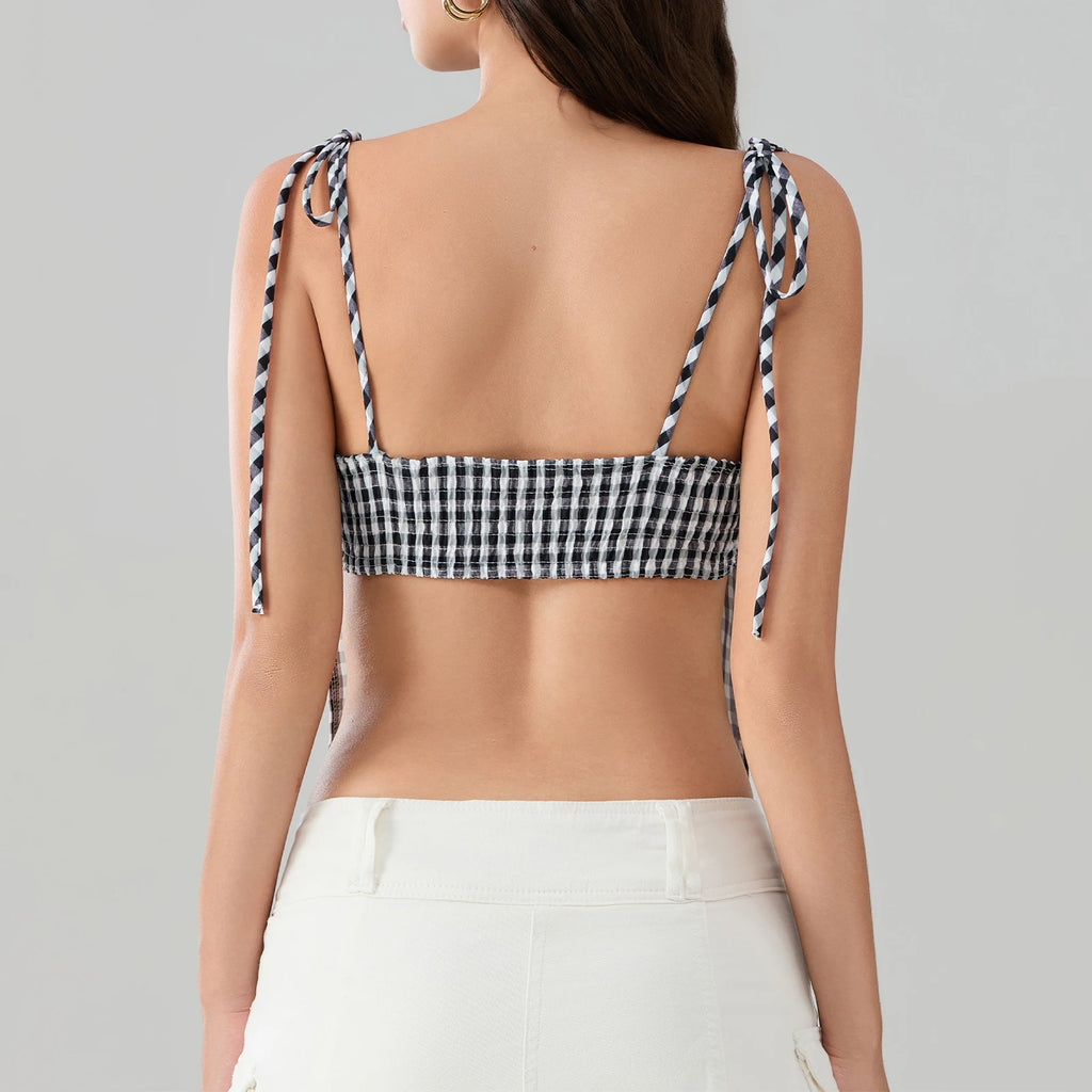 Sweet Open Back Camisole With Shirred Tie Up Spaghetti Straps Lace Trim And Square Neck