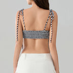 Sweet Open Back Camisole With Shirred Tie Up Spaghetti Straps Lace Trim And Square Neck