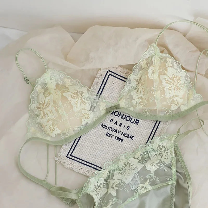 Whisper Lace Wireless Bralette Set In Ultra Thin Embroidered Mesh For Small Busts Delicate Comfort