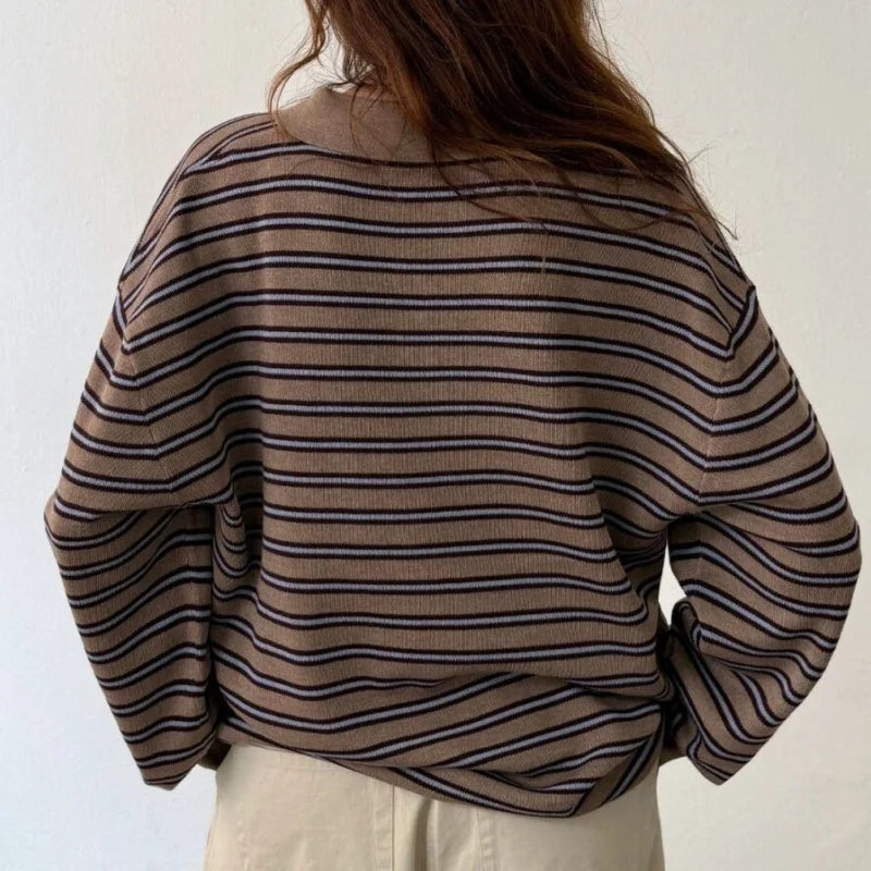Vintage Rib Knitted Striped Collared Sweater Loose Long Sleeve Pullover Knit Top