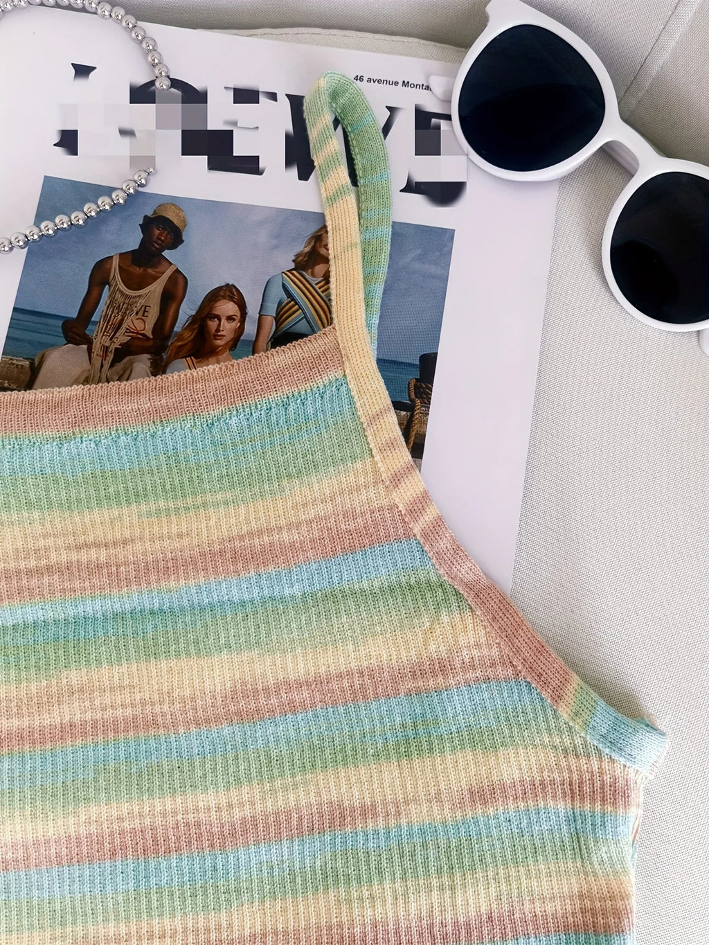Striped Ribbed Knit Cami Top With Square Neck Sleeveless Rainbow Crop