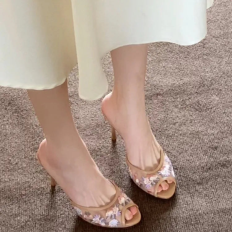 Floral Embroidered Mesh High Heel Sandals