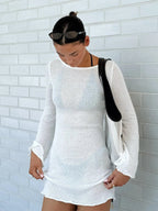 Seaside Sheer Beach Mini Dress With Ruffled Bell Sleeves Chic Vacation Cover Up Tunic