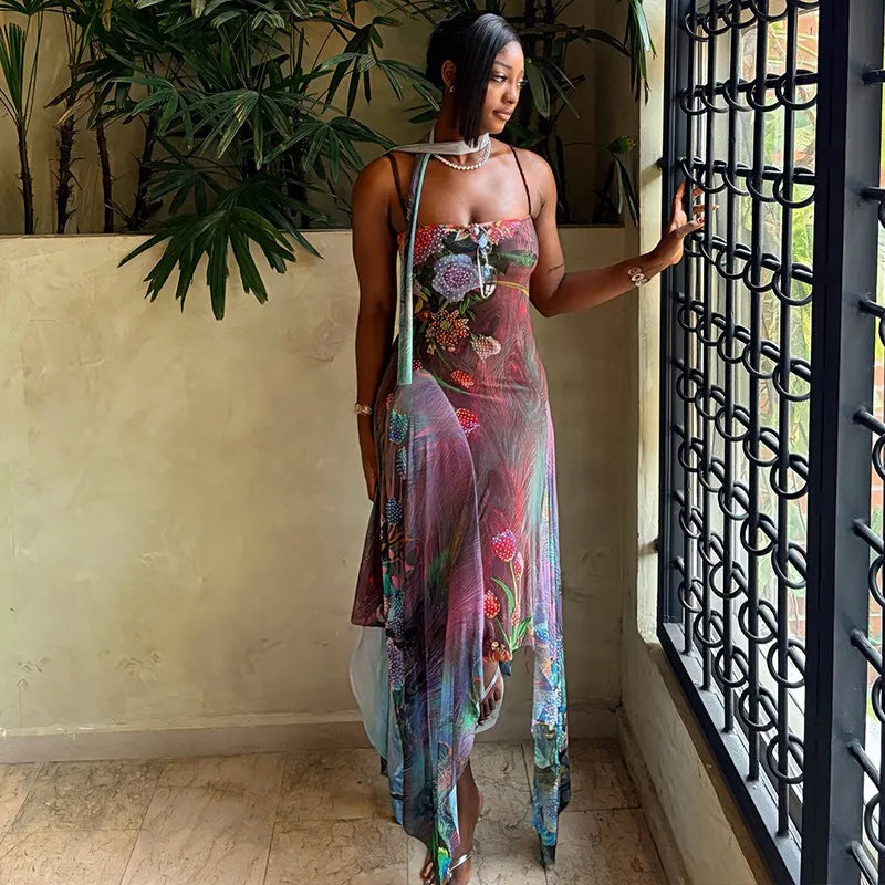 Floral Halter Maxi Set With Backless Design