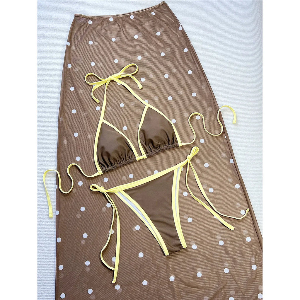 Yellow Polka Dot Skirt Halter Female Three-piece Bikini Set