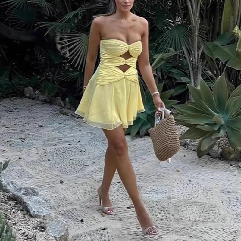 Pleated Strapless Mini Dress Hollow Backless