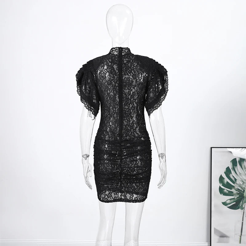Lace Sheer Party Dress With Pleated Patchwork And Flutter Sleeves For Elegant Evenings