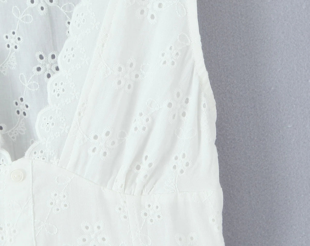 White Embroidered Lace V Neck Mini Dress With Hollow Out Detail And Back Zipper Closure