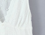 White Embroidered Lace V Neck Mini Dress With Hollow Out Detail And Back Zipper Closure