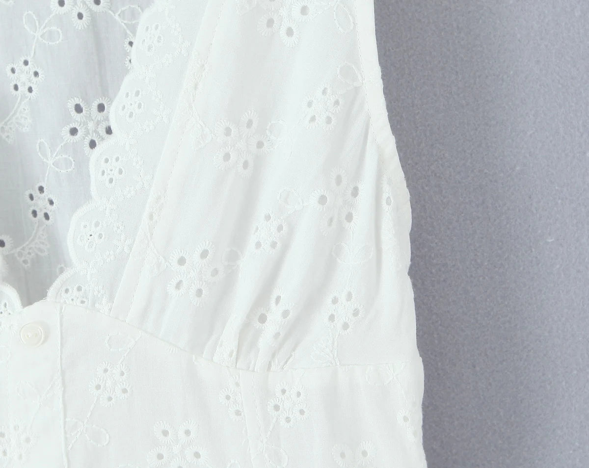 White Embroidered Lace V Neck Mini Dress With Hollow Out Detail And Back Zipper Closure