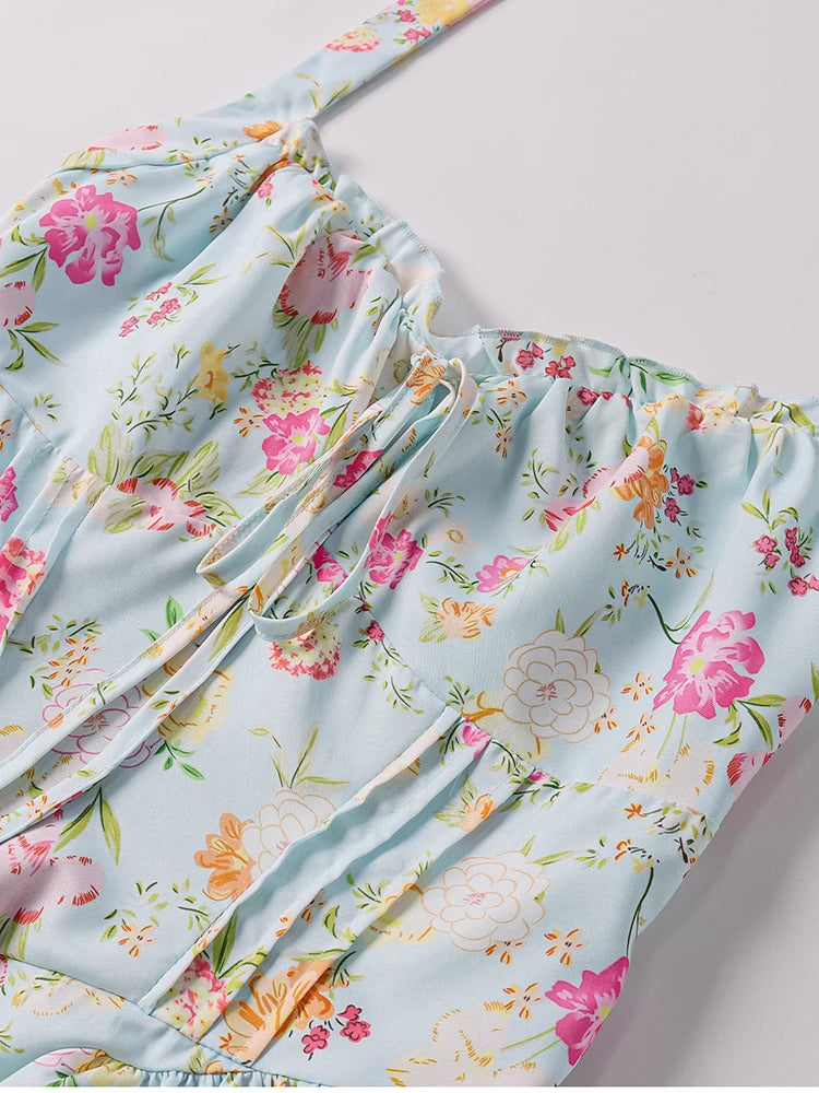 Floral Halter Midi Dress With Spaghetti Straps, Backless Corset Waist Tie Up Detail
