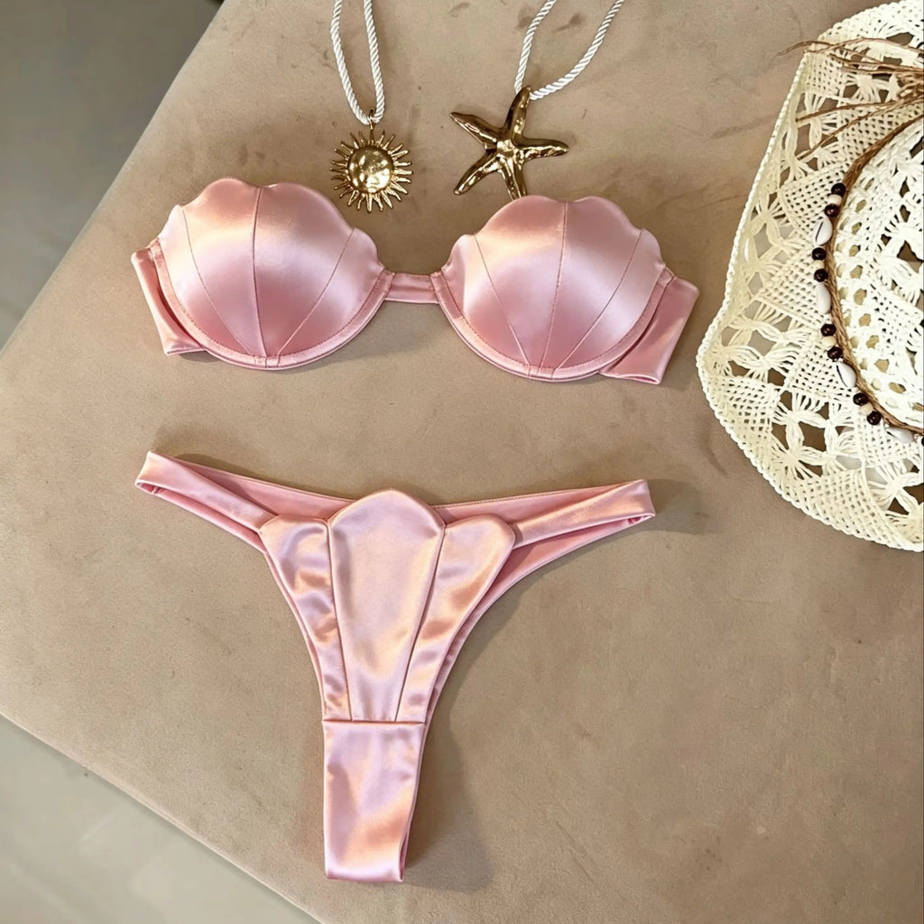 Shell 3 Pcs Bikini with Skirt Push Up Swimwear Underwire Bathing Suit