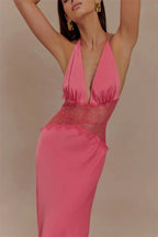 Backless Maxi Gown With Patchwork Lace Halter Neck Deep V And High Waist Elegance