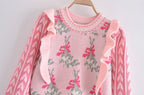 Front Wood Ears Ruffles Jacquard Cropped Sweater Vintage O neck Puff Sleeve Pullovers Short Jumper Knitwear