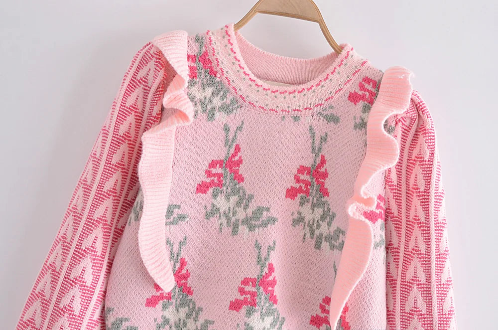 Front Wood Ears Ruffles Jacquard Cropped Sweater Vintage O neck Puff Sleeve Pullovers Short Jumper Knitwear