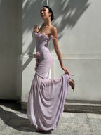 One Shoulder Floral Hollow Out Purple Maxi Dress