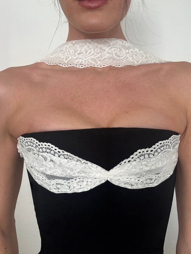 Punk Patchwork Mesh Halter Tank Top Y2K Vibe With Lace Up Details