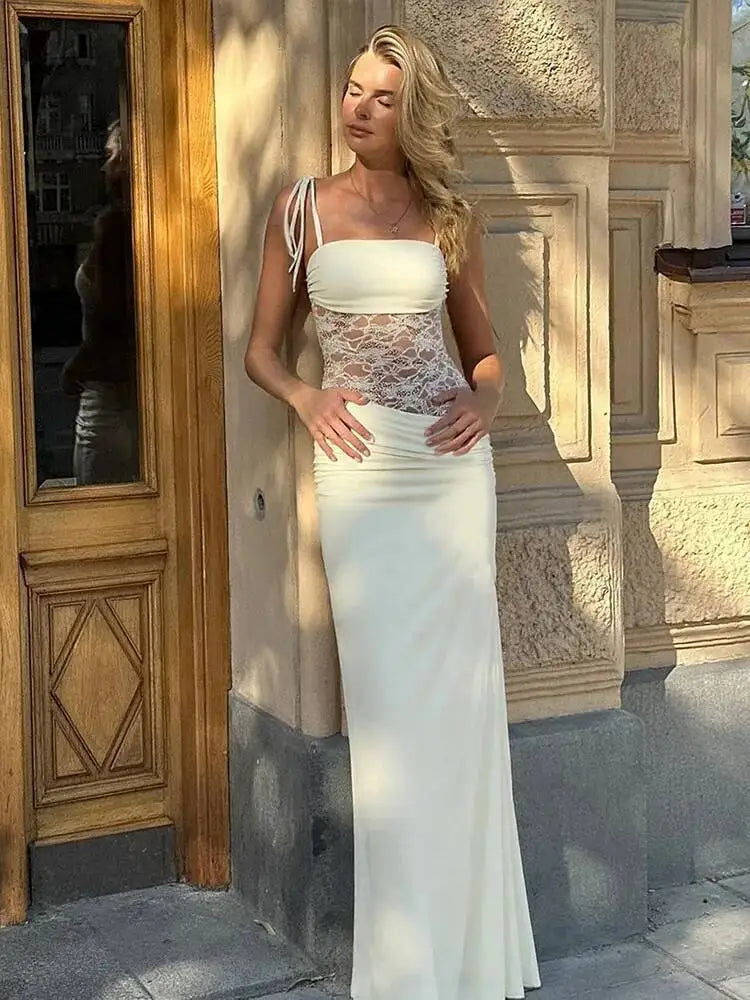 Backless Hollow Mesh Spaghetti Strap Gown Elegant Long Evening Dress