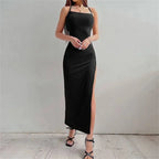 Halter Neck Bodycon Dress With Sleeveless Backless Design Spaghetti Straps High Slit