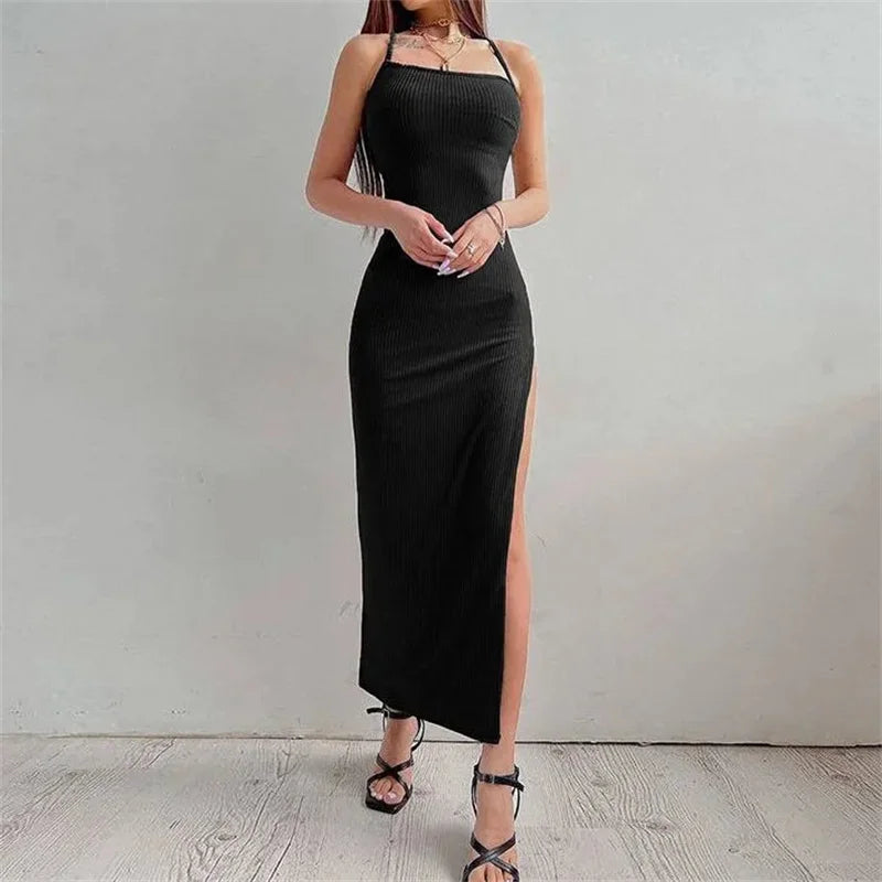 Halter Neck Bodycon Dress With Sleeveless Backless Design Spaghetti Straps High Slit