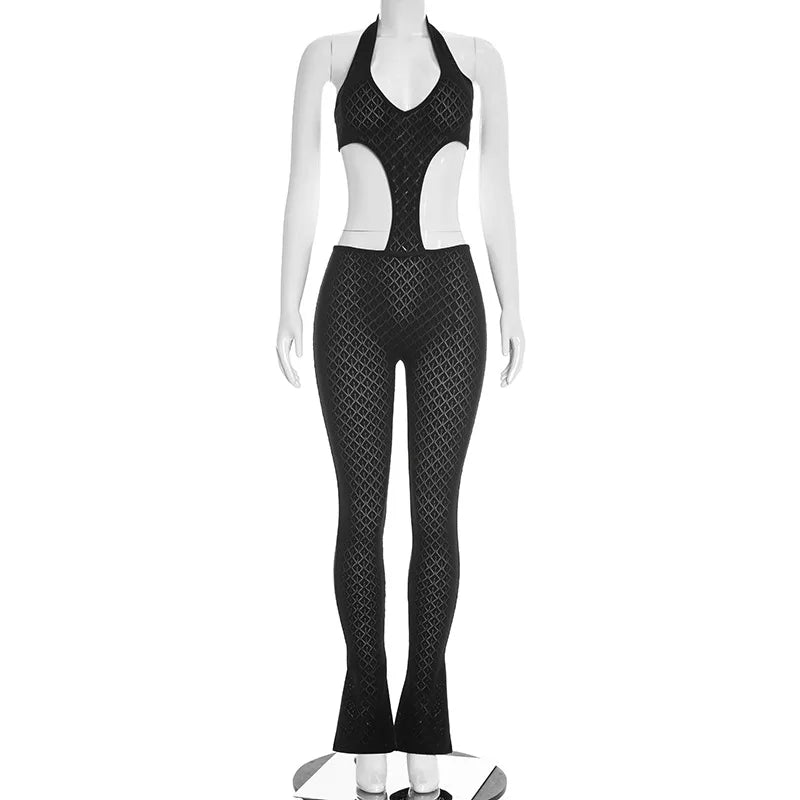 Mesh Backless Halter Jumpsuit With See Through Panels And Figure Hugging Fit