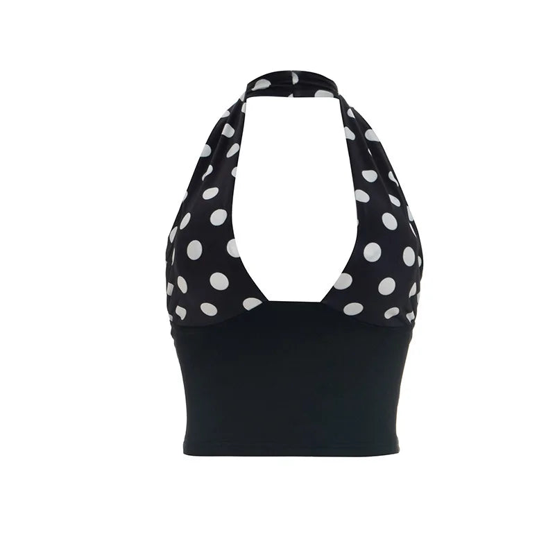 Patchwork Polka Dot Print Two Piece Set With Backless Halter Crop Top And Pleated Waist Capri Pants