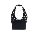 Patchwork Polka Dot Print Two Piece Set With Backless Halter Crop Top And Pleated Waist Capri Pants
