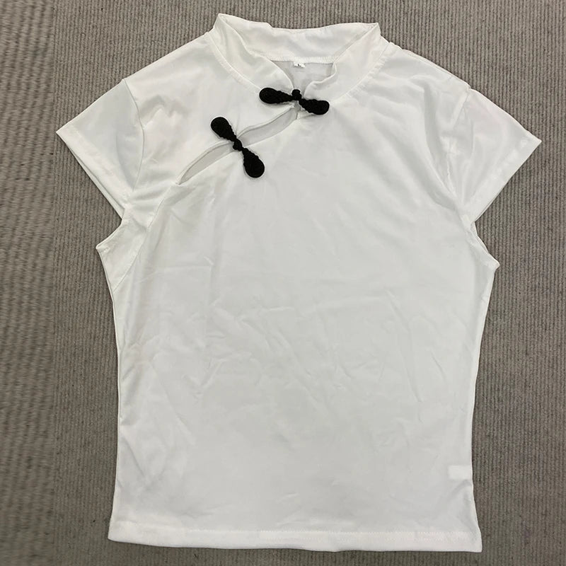 Ladies Blouse With Mandarin Collar Short Sleeve Crop Top Keyhole Frog Button Vintage Asymmetrical Design