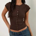 Solid Color Button Front Short Sleeve Tee With Round Neck