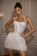 White Halter Neck Tassel Dress With Pearl Embellishments Mini Length Lace Up Back Elegant Evening Attire
