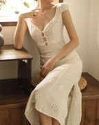 Elegant White V Neck Bodycon Dress With Hollow Out Detailing