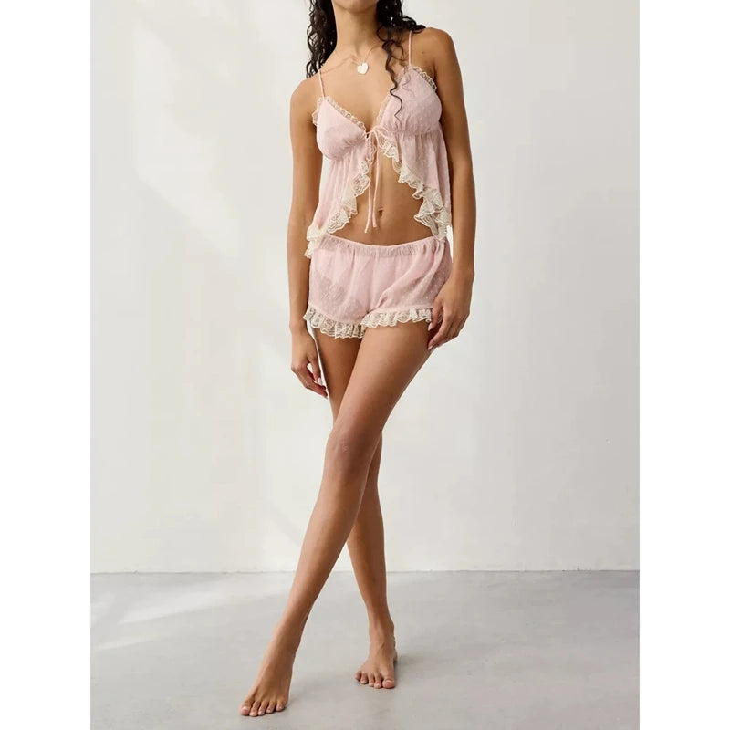 Two Piece Sheer Pajamas Set Ruffle Lace Trim Tie-Up Split Front Sleeveless Cami Tops and Shorts