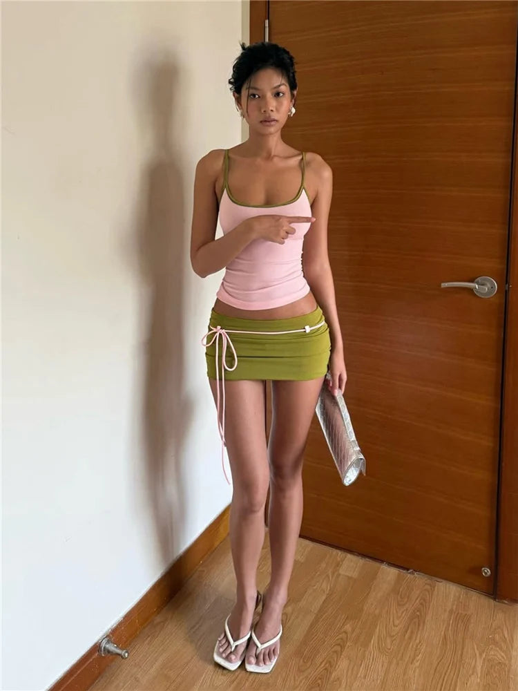 Patchwork Two Piece Set With Backless Camisole Top And Tassel Mini Skirt Y2K Vibe