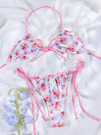 Floral Bow Pink Bikini Swimsuit For Women Low Waist Bandage Beachwear Chic Summer Bathing Suit
