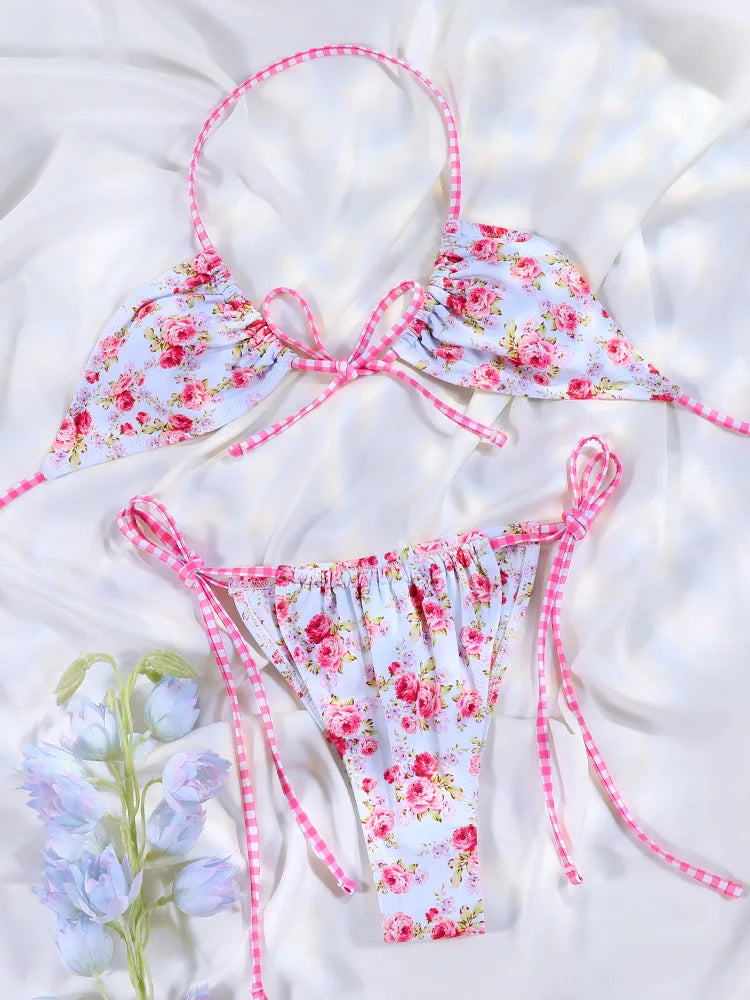 Floral Bow Pink Bikini Swimsuit For Women Low Waist Bandage Beachwear Chic Summer Bathing Suit