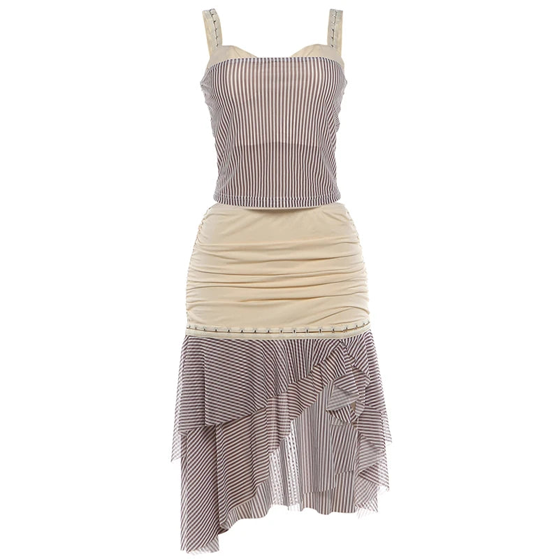 Striped Two Piece Set With Backless Tank Top And Tiered Mini Skirt