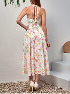 Floral Halter Midi Dress With Spaghetti Straps, Backless Corset Waist Tie Up Detail
