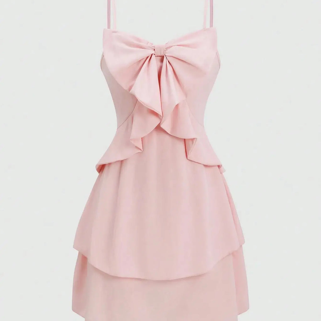 Chic Cinched-Waist Three-Layer Ruffle Bow Suspender Dress