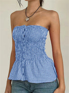 Retro Gingham Crop Top In Plaid Strapless Sleeveless Cami With Ruffle Hem