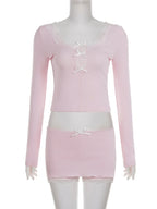 Y2K Hot Girl Lace Hem 2 Piece Set Fashion Bow Long Sleeve Crop Top & Bodycon Mini Skirt Matching Suits
