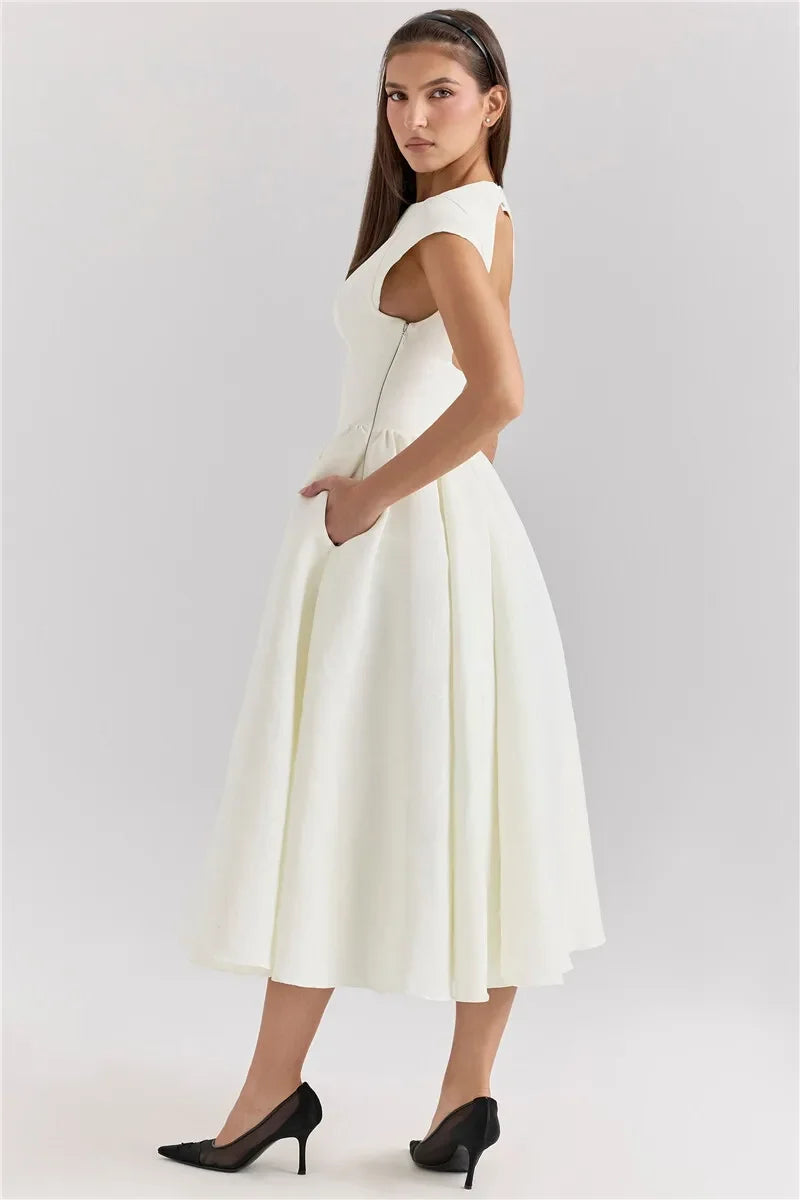 Chic Circle Cutout Back Midi Dress With Fluffy Hem
